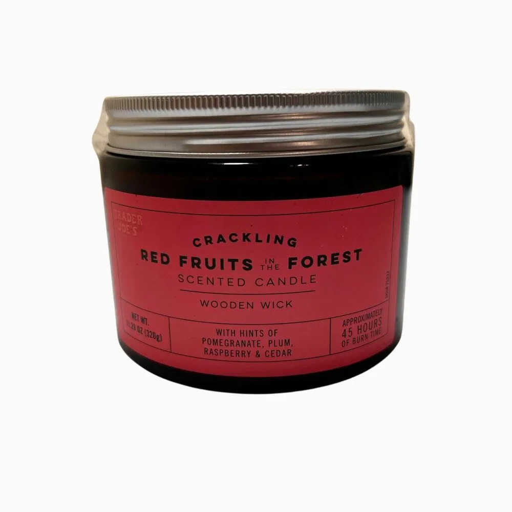 NEW Trader Joe's Candle Red Fruits in the Forest Jar Crackling Wooden Wick
